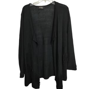 4360) Cal Style Black Open Front Long Sleeve Knitted Fringe Cardigan Large